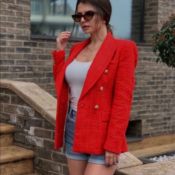 👸🏻 Zara Red Textured Double Breasted Blazer NWT - Picture 6 of 17